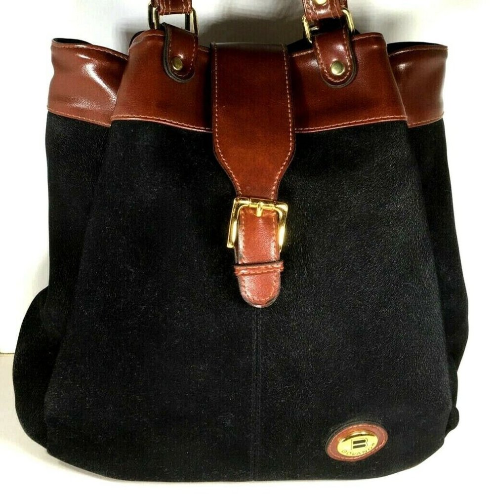 Bovano Black Brown Faux Suede Leather Tote Bag